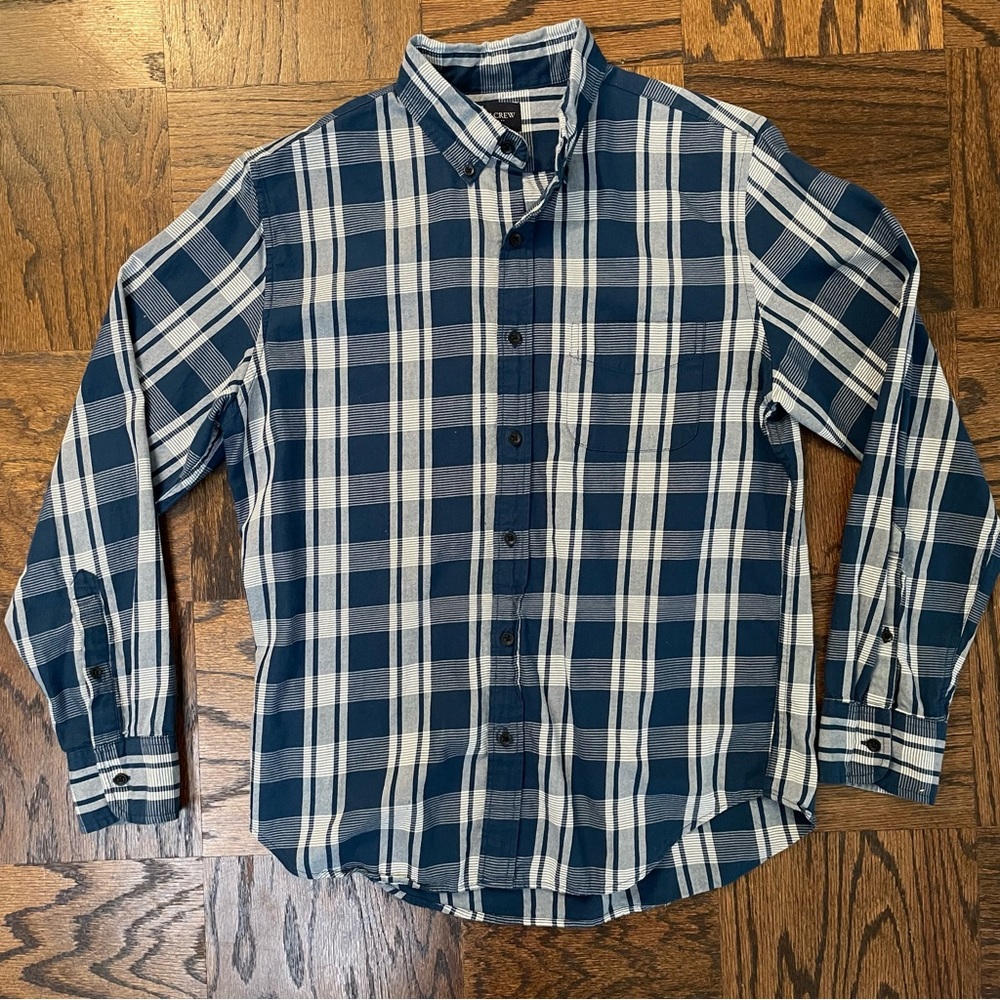 J. Crew Men’s Casual Button Down Cotton Shirt Navy White Plaid Medium Like New